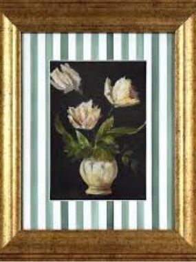 Moody Tulips with Watercolor Stripes Pine Green Vintage Antique Frame 10x12